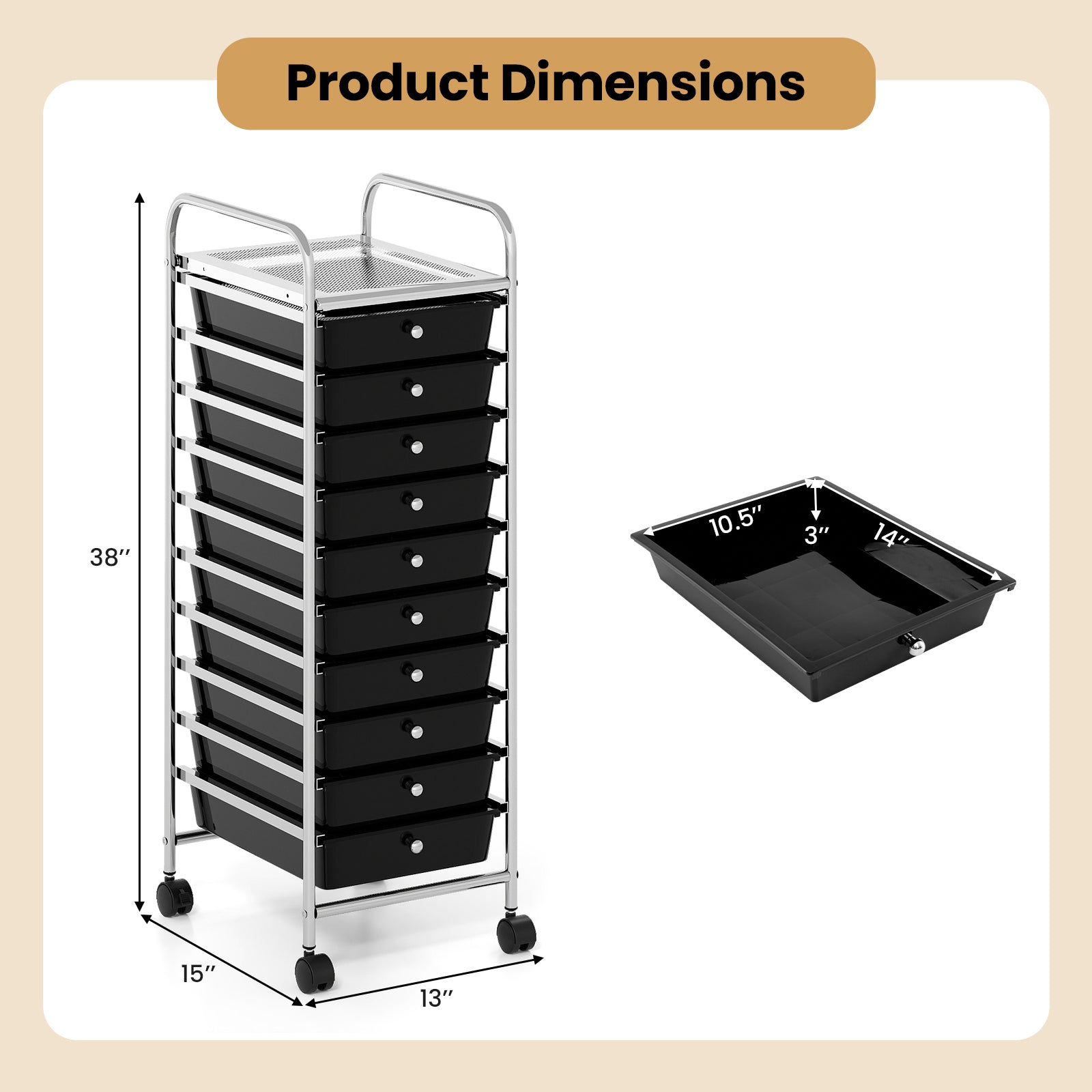 10-Drawer Rolling Storage Cart with Metal Frame and Lockable Universal Wheels-Black