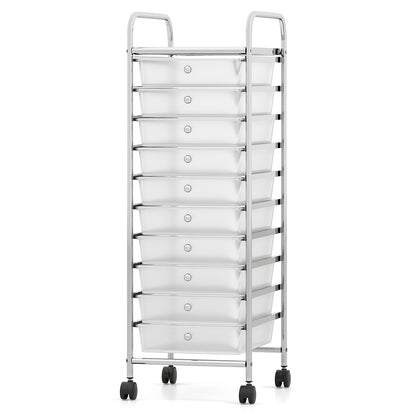 10-Drawer Rolling Storage Cart with Metal Frame and Lockable Universal Wheels-White