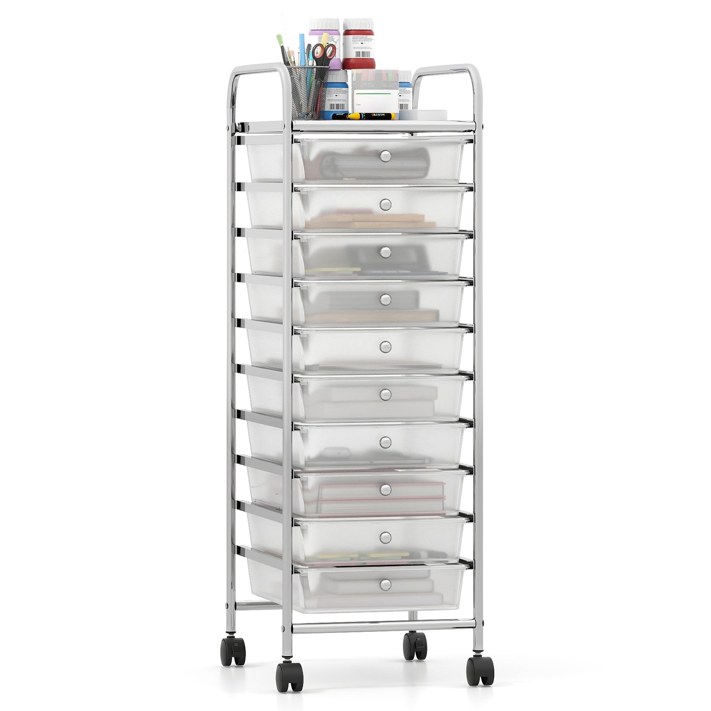 10-Drawer Rolling Storage Cart with Metal Frame and Lockable Universal Wheels-White
