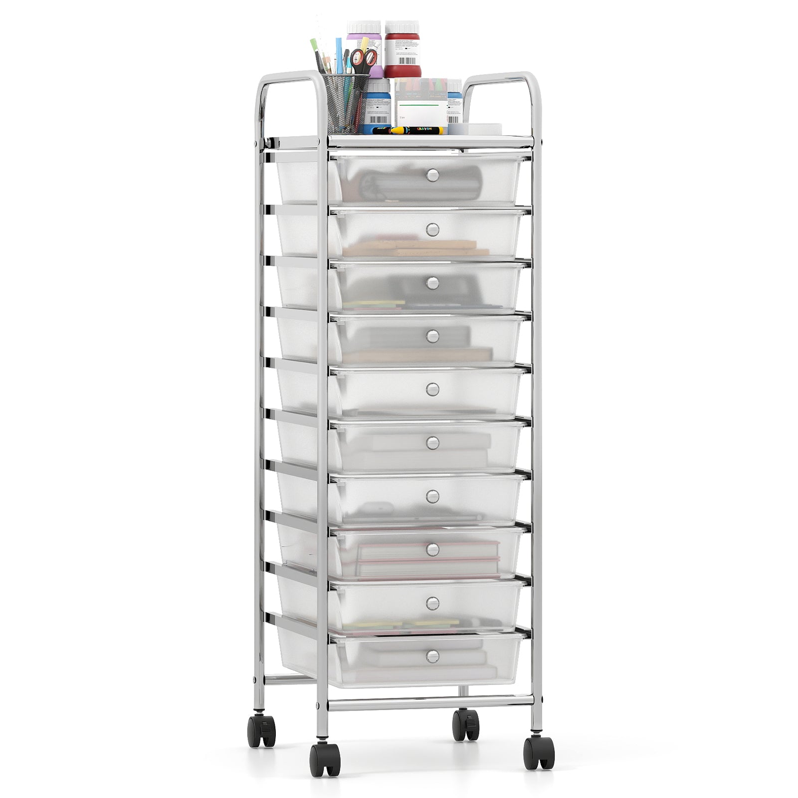 10-Drawer Rolling Storage Cart with Metal Frame and Lockable Universal Wheels-White