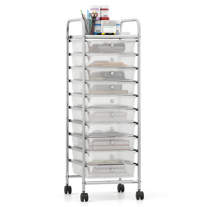 10-Drawer Rolling Storage Cart with Metal Frame and Lockable Universal Wheels-White