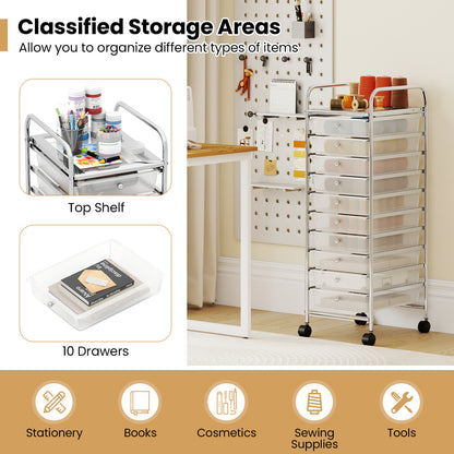 10-Drawer Rolling Storage Cart with Metal Frame and Lockable Universal Wheels-White
