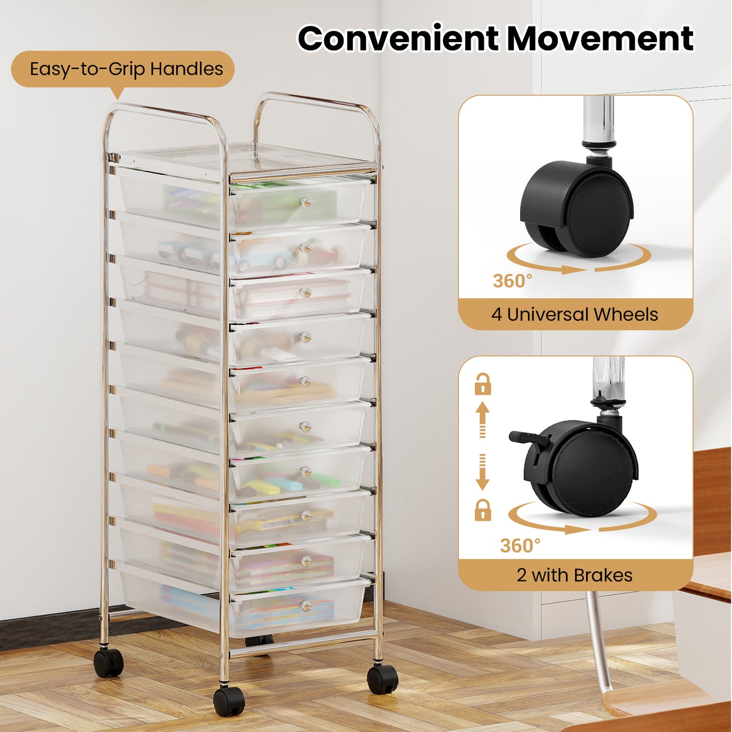 10-Drawer Rolling Storage Cart with Metal Frame and Lockable Universal Wheels-White