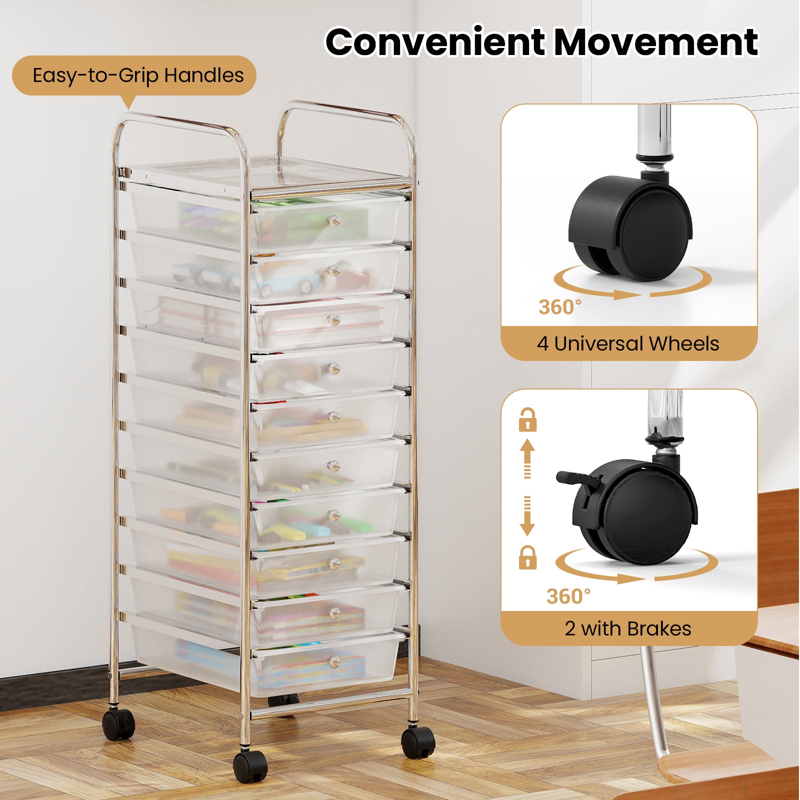 10-Drawer Rolling Storage Cart with Metal Frame and Lockable Universal Wheels-White