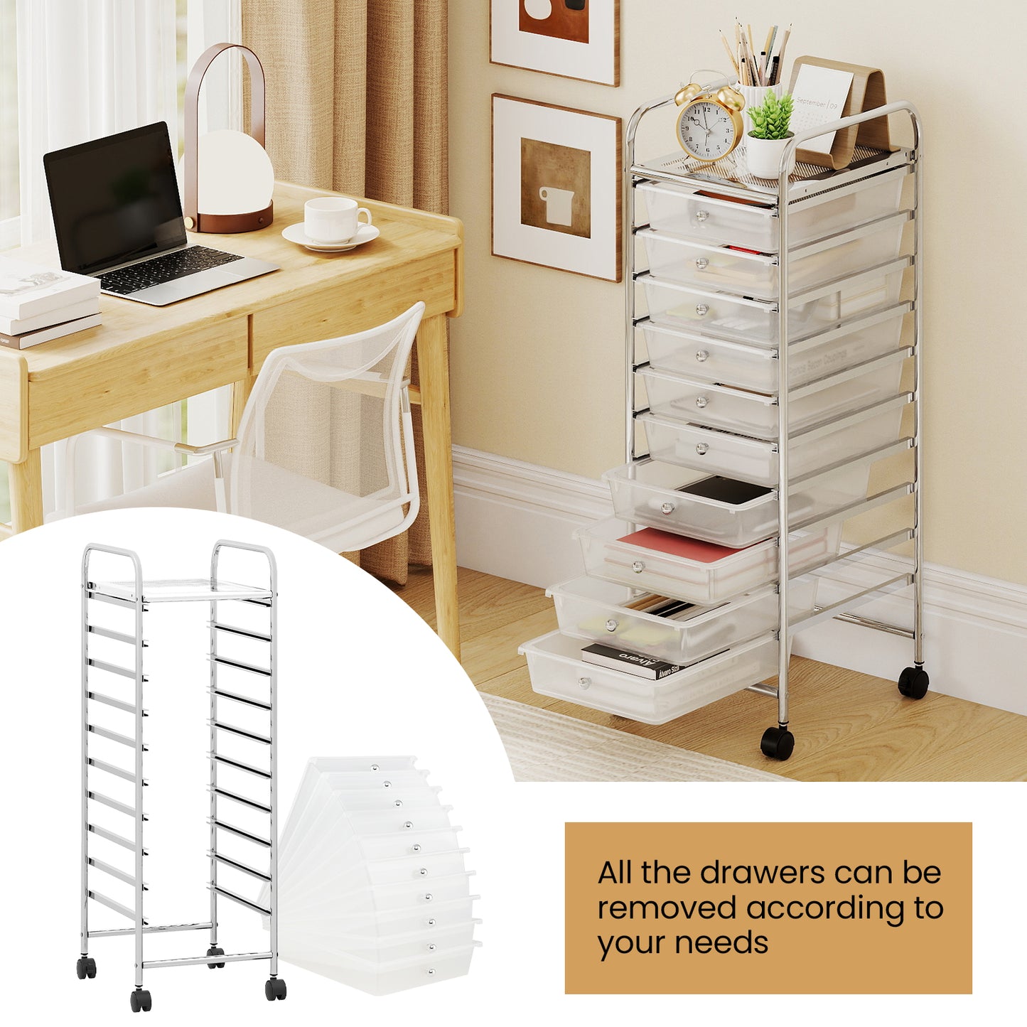 10-Drawer Rolling Storage Cart with Metal Frame and Lockable Universal Wheels-White