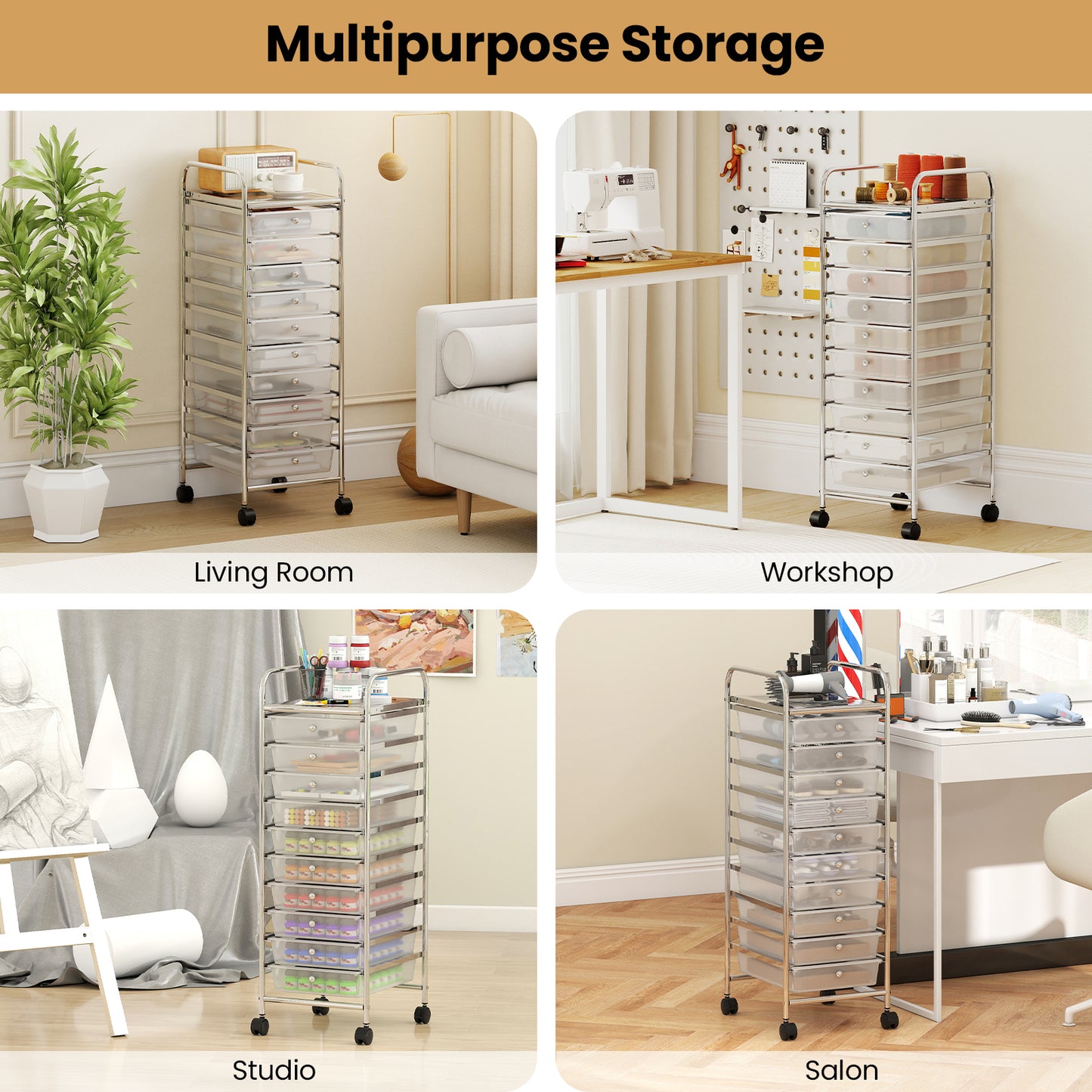 10-Drawer Rolling Storage Cart with Metal Frame and Lockable Universal Wheels-White