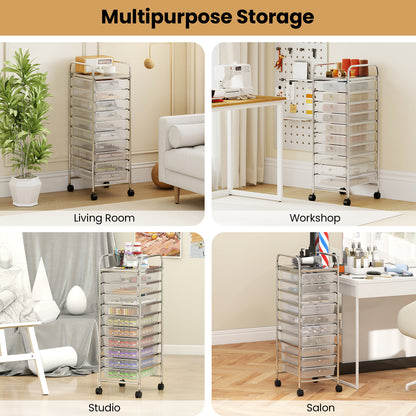 10-Drawer Rolling Storage Cart with Metal Frame and Lockable Universal Wheels-White