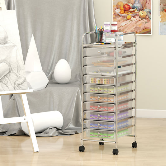 10-Drawer Rolling Storage Cart with Metal Frame and Lockable Universal Wheels-White