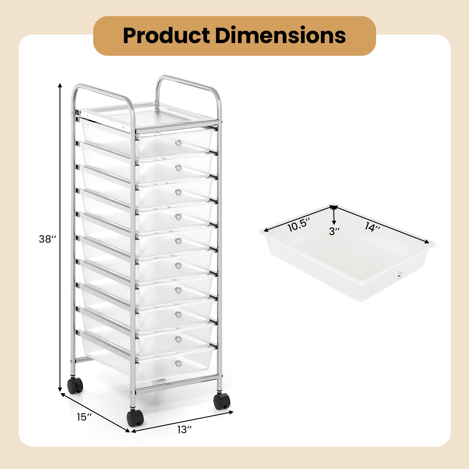 10-Drawer Rolling Storage Cart with Metal Frame and Lockable Universal Wheels-White
