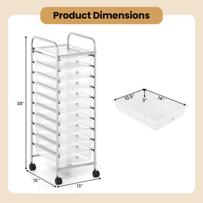 10-Drawer Rolling Storage Cart with Metal Frame and Lockable Universal Wheels-White