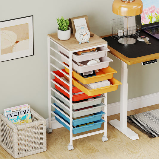 10-Drawer Rolling Storage Cart Mobile Utility Organizer with Wooden Tabletop and Lockable Wheels-Macaron