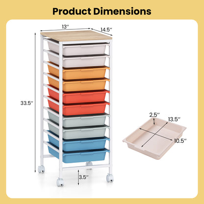 10-Drawer Rolling Storage Cart Mobile Utility Organizer with Wooden Tabletop and Lockable Wheels-Macaron