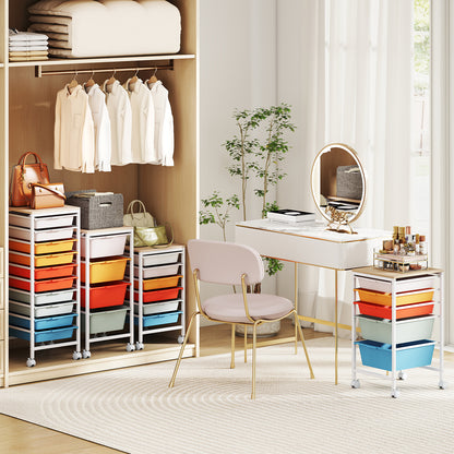 10-Drawer Rolling Storage Cart Mobile Utility Organizer with Wooden Tabletop and Lockable Wheels-Macaron