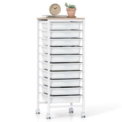 10-Drawer Rolling Storage Cart Mobile Utility Organizer with Wooden Tabletop and Lockable Wheels-White