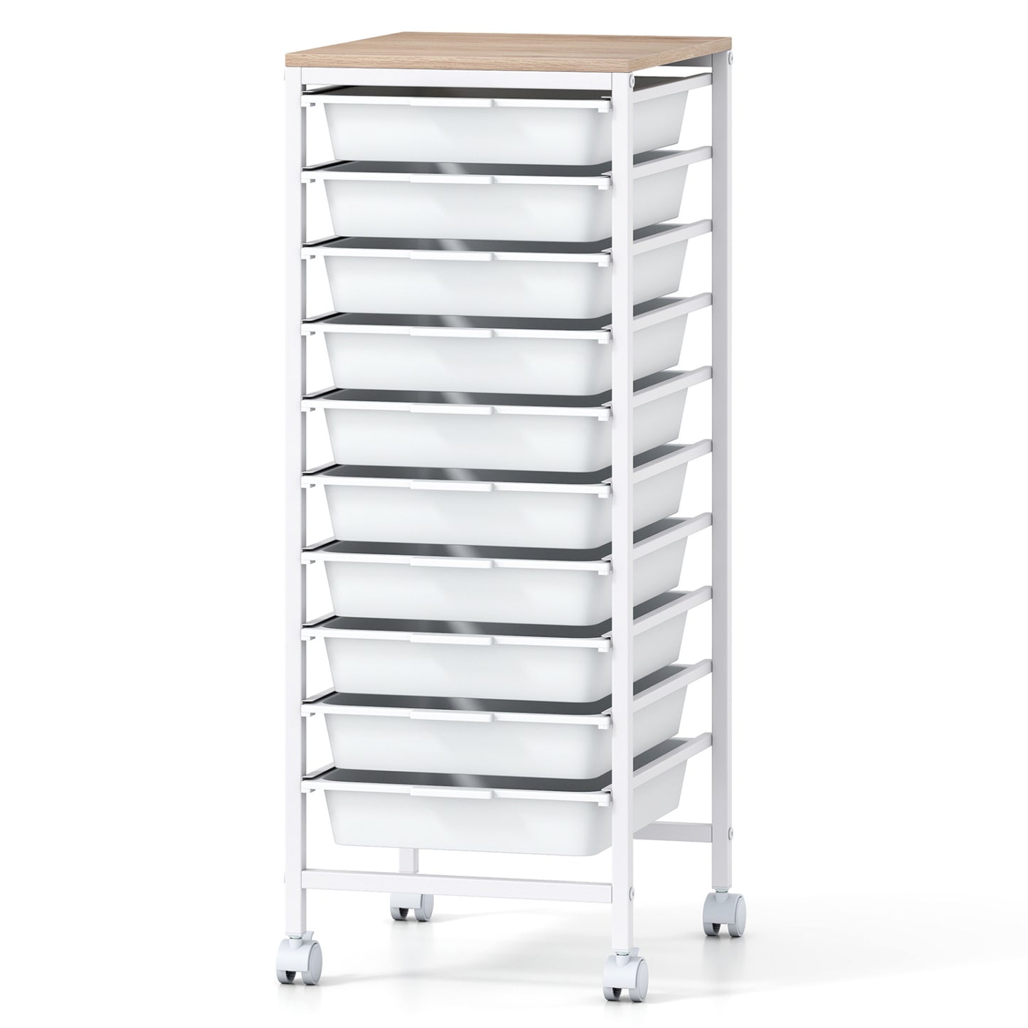10-Drawer Rolling Storage Cart Mobile Utility Organizer with Wooden Tabletop and Lockable Wheels-White