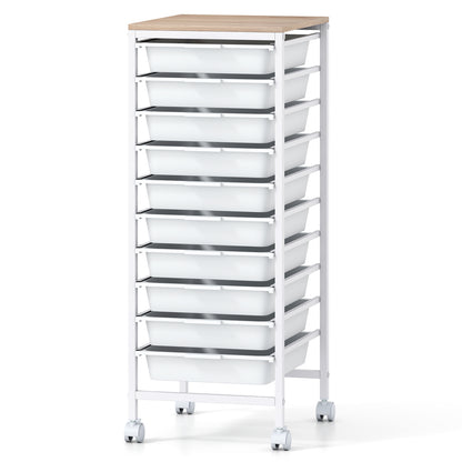 10-Drawer Rolling Storage Cart Mobile Utility Organizer with Wooden Tabletop and Lockable Wheels-White