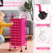 10 Drawer Rolling Storage Cart Organizer with 4 Universal Casters-Pink