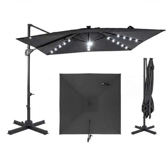 10 FT Cantilever Patio Umbrella with Solar LED Lights for Pool and Garden