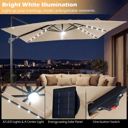 10 FT Cantilever Patio Umbrella with Solar LED Lights for Pool and Garden