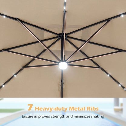 10 FT Cantilever Patio Umbrella with Solar LED Lights for Pool and Garden