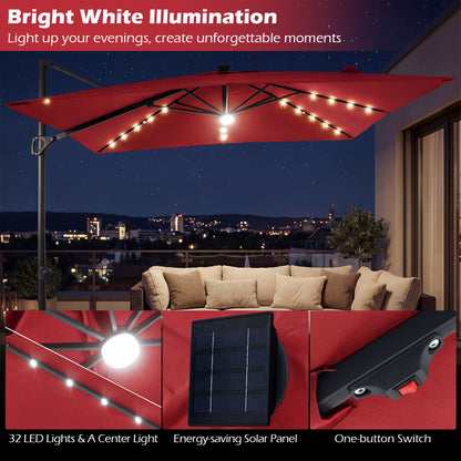 10 FT Cantilever Patio Umbrella with Solar LED Lights for Pool and Garden