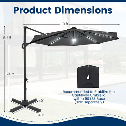10 FT Cantilever Patio Umbrella with Solar LED Lights 360° Rotation
