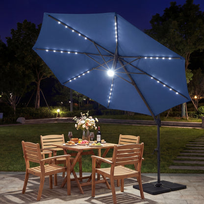10 FT Cantilever Patio Umbrella with Solar LED Lights 360° Rotation