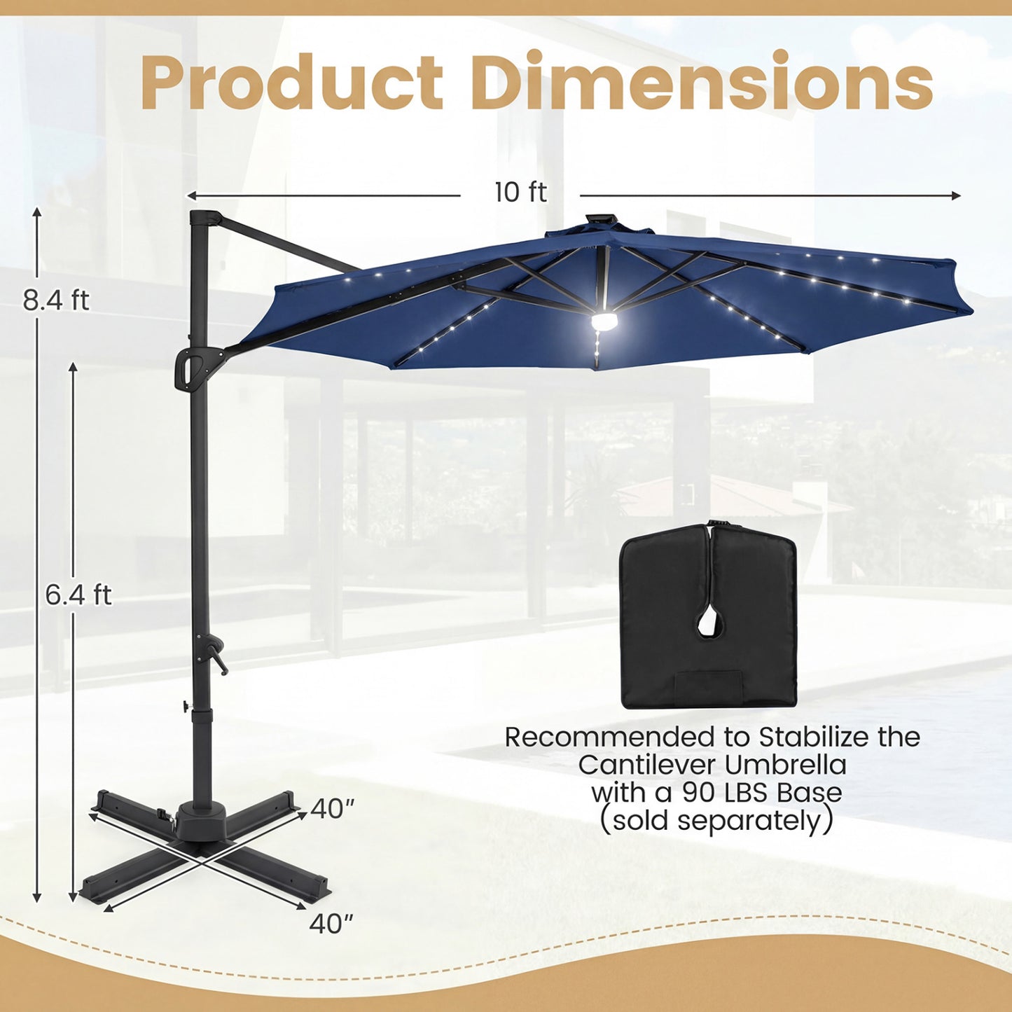 10 FT Cantilever Patio Umbrella with Solar LED Lights 360° Rotation