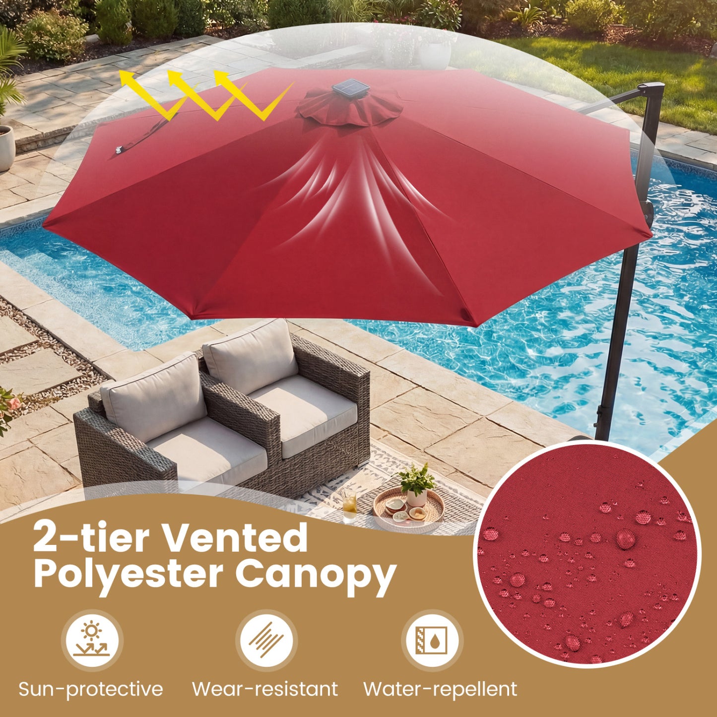 10 FT Cantilever Patio Umbrella with Solar LED Lights 360° Rotation