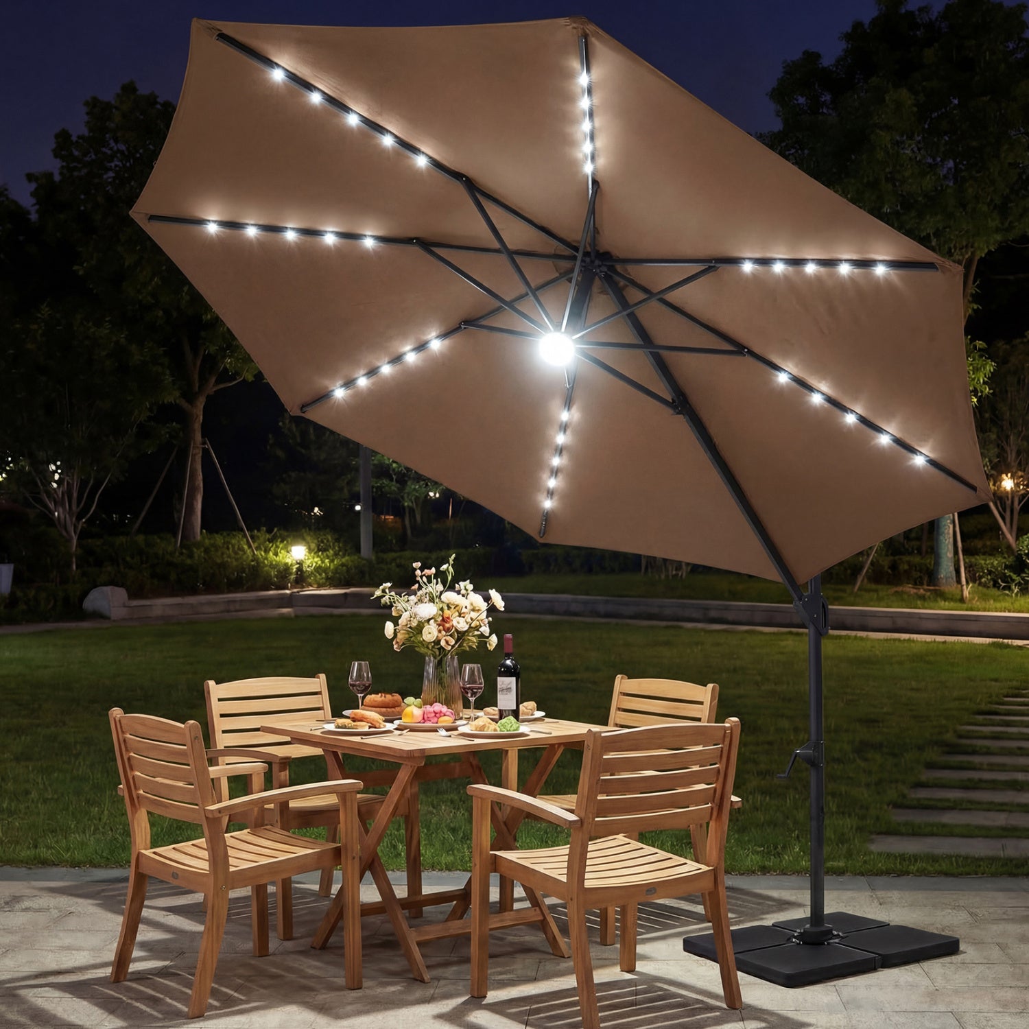 10 FT Cantilever Patio Umbrella with Solar LED Lights 360° Rotation