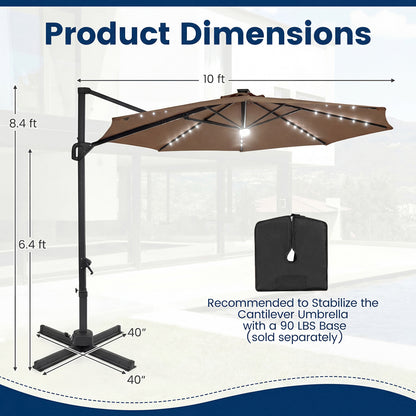 10 FT Cantilever Patio Umbrella with Solar LED Lights 360° Rotation