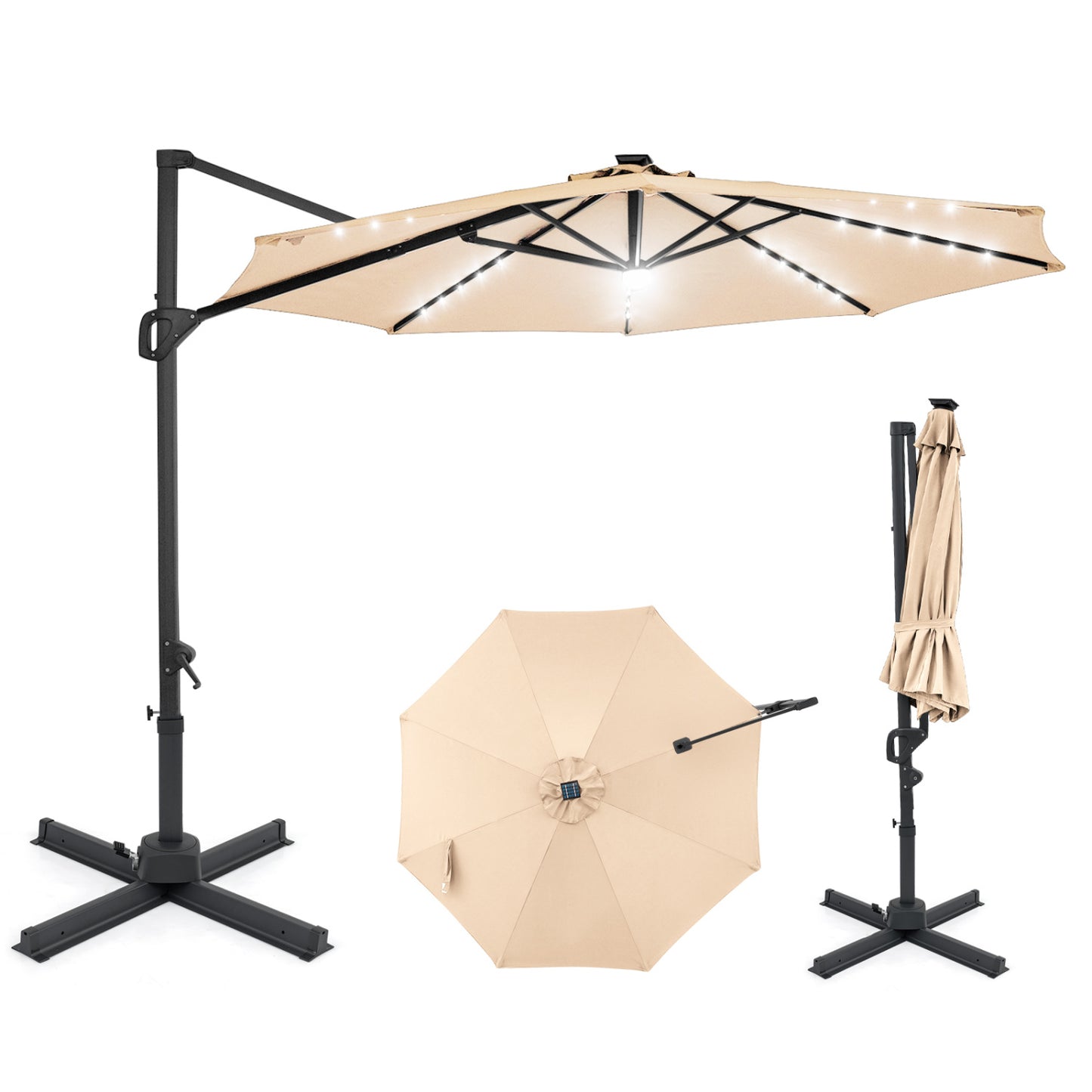 10 FT Cantilever Patio Umbrella with Solar LED Lights 360° Rotation