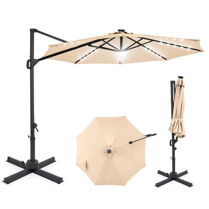 10 FT Cantilever Patio Umbrella with Solar LED Lights 360° Rotation