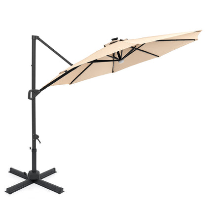 10 FT Cantilever Patio Umbrella with Solar LED Lights 360° Rotation