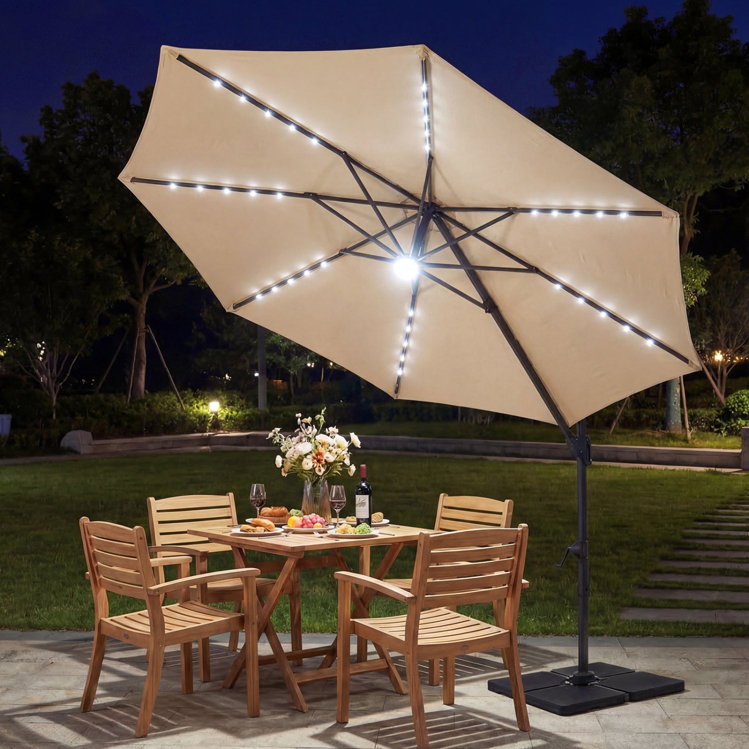 10 FT Cantilever Patio Umbrella with Solar LED Lights 360° Rotation
