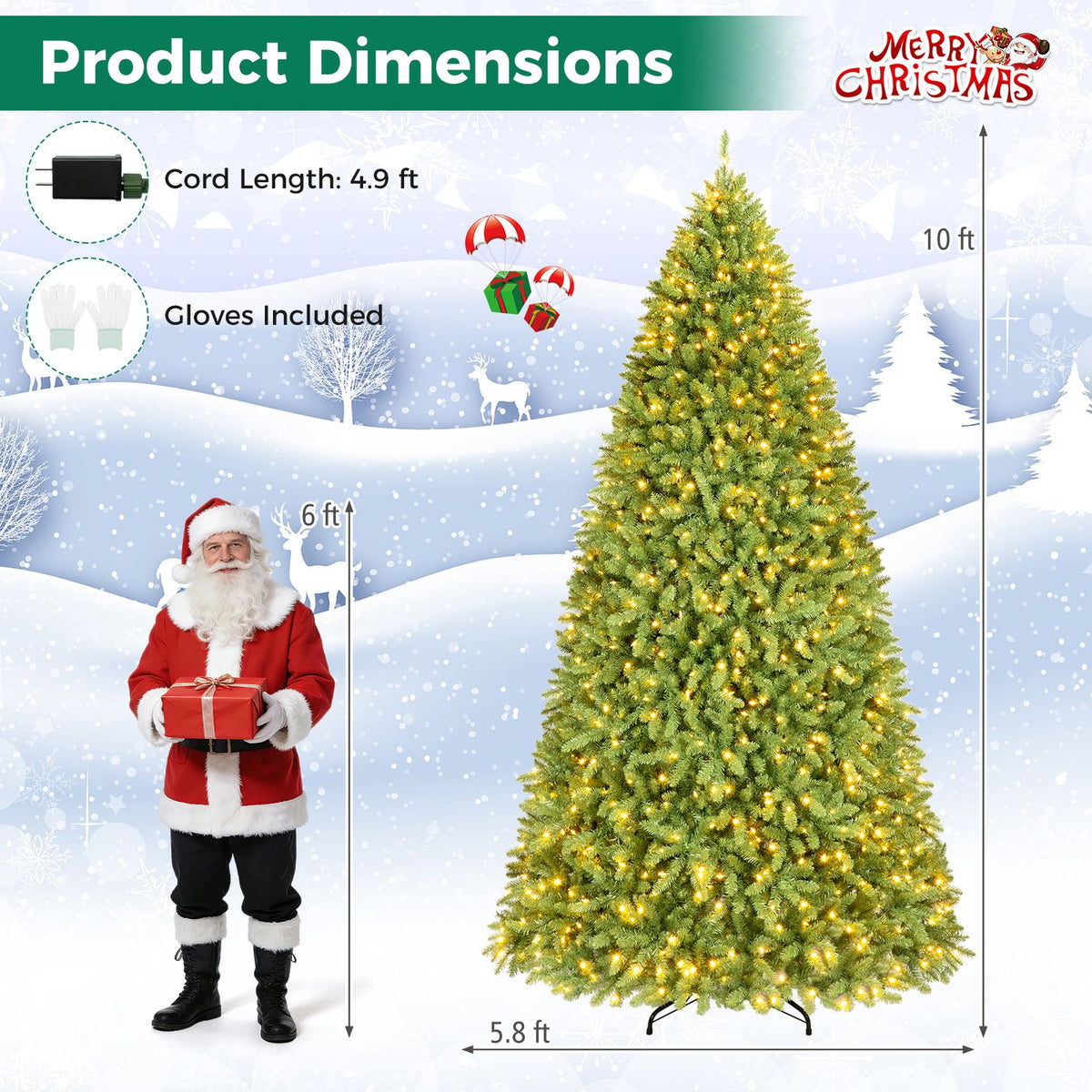 10 FT Pre-Lit Artificial Christmas Tree with 1100 Warm White LED Lights