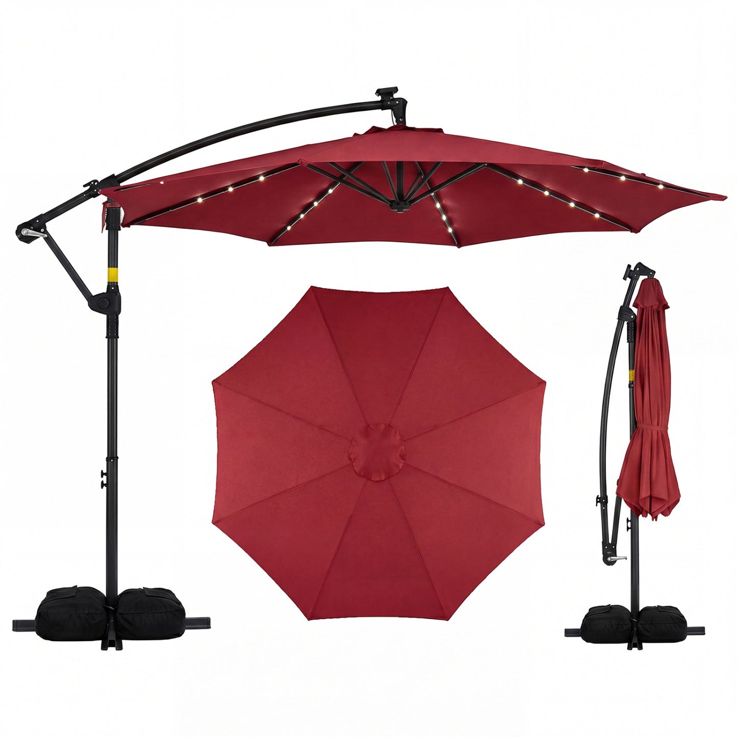 10 FT Solar LED Offset Cantilever Patio Umbrella Hanging Outdoor Market Umbrella-Red