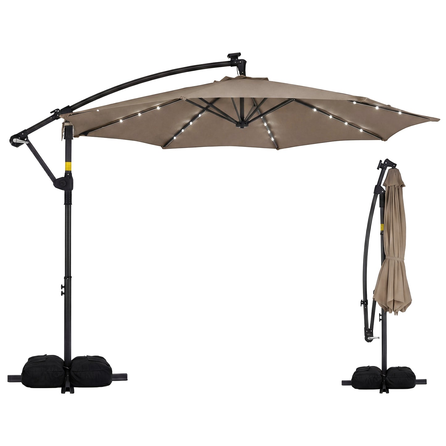 10 FT Solar LED Offset Cantilever Patio Umbrella Hanging Outdoor Market Umbrella-Brown