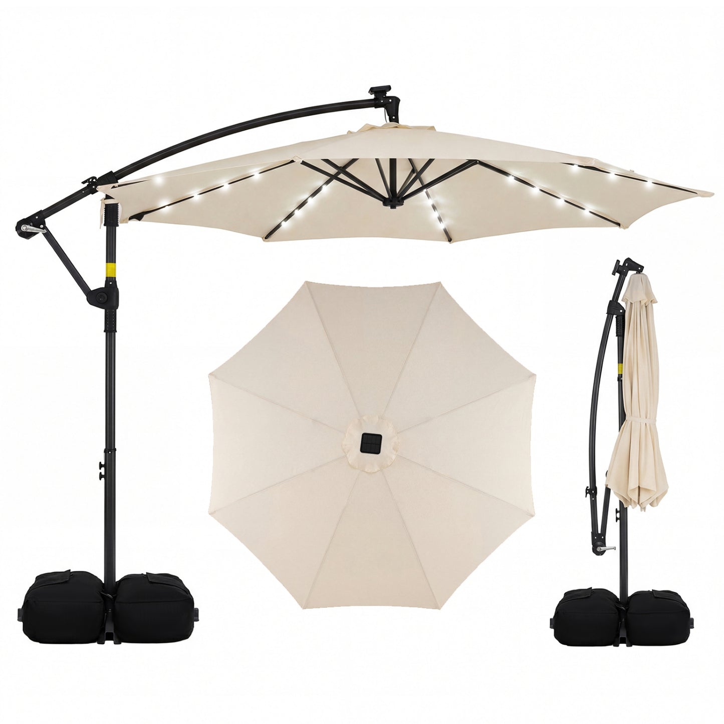 10 FT Solar LED Offset Cantilever Patio Umbrella Hanging Outdoor Market Umbrella-Brown - Beige