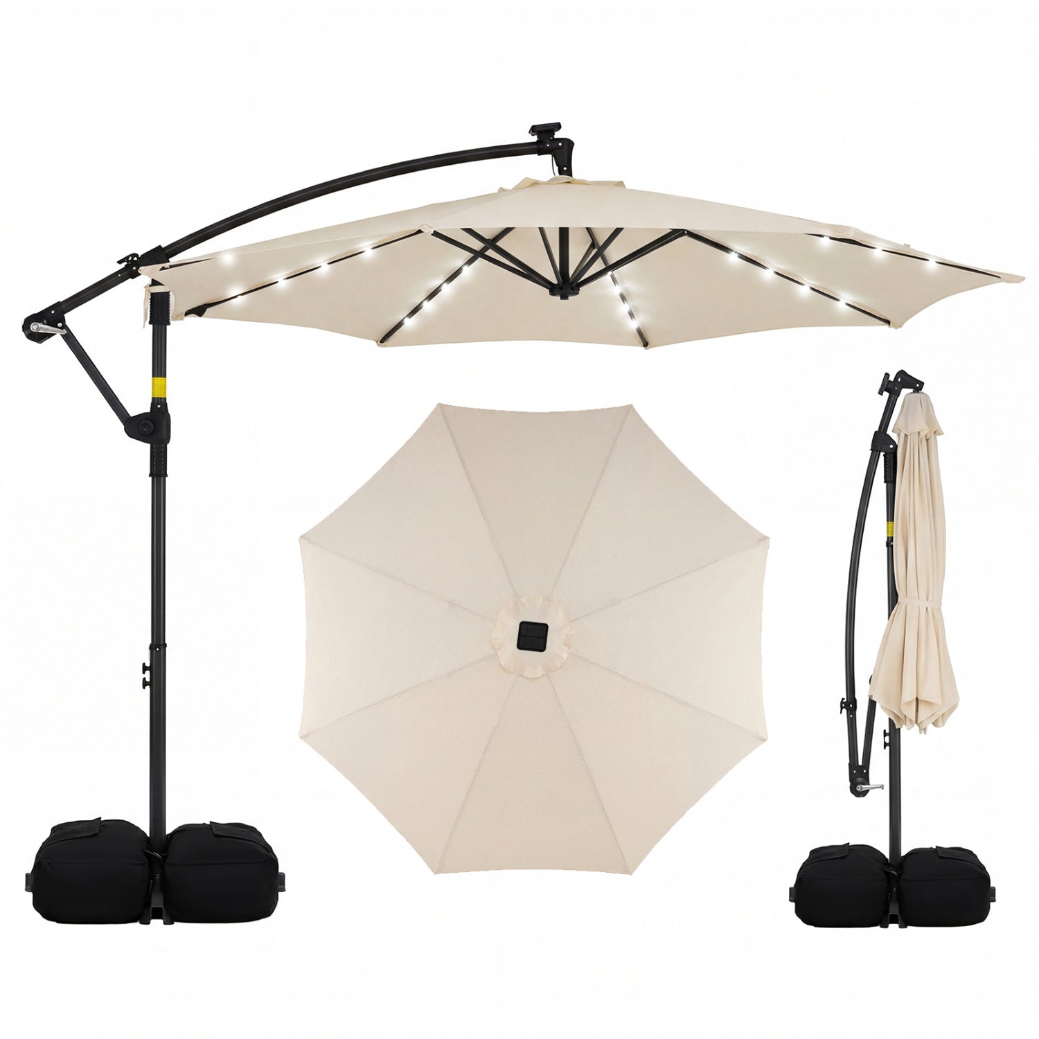10 FT Solar LED Offset Cantilever Patio Umbrella Hanging Outdoor Market Umbrella-Brown - Beige