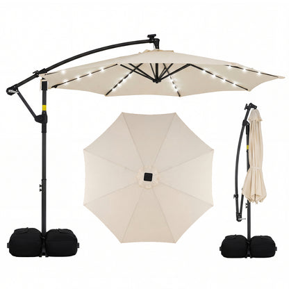 10 FT Solar LED Offset Cantilever Patio Umbrella Hanging Outdoor Market Umbrella-Brown - Beige