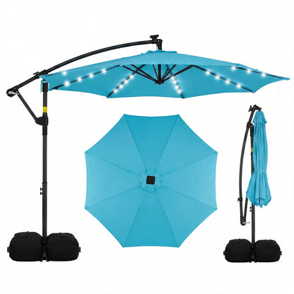 10 FT Solar LED Offset Cantilever Patio Umbrella Hanging Outdoor Market Umbrella-Brown - Turquoise