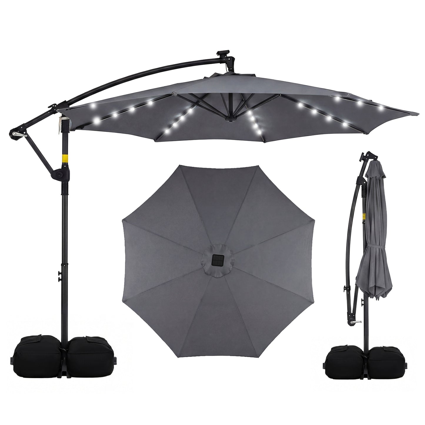 10 FT Solar LED Offset Cantilever Patio Umbrella Hanging Outdoor Market Umbrella-Brown - Gray