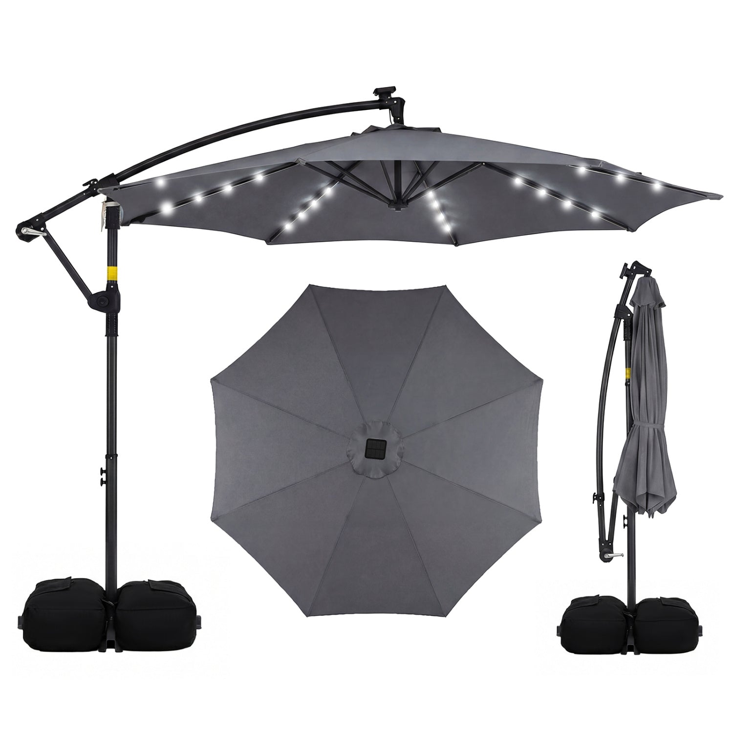 10 FT Solar LED Offset Cantilever Patio Umbrella Hanging Outdoor Market Umbrella-Brown - Gray