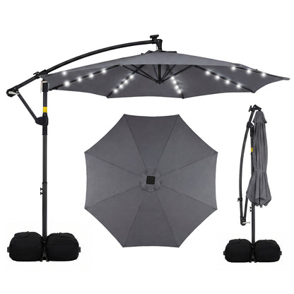 10 FT Solar LED Offset Cantilever Patio Umbrella Hanging Outdoor Market Umbrella-Brown - Gray