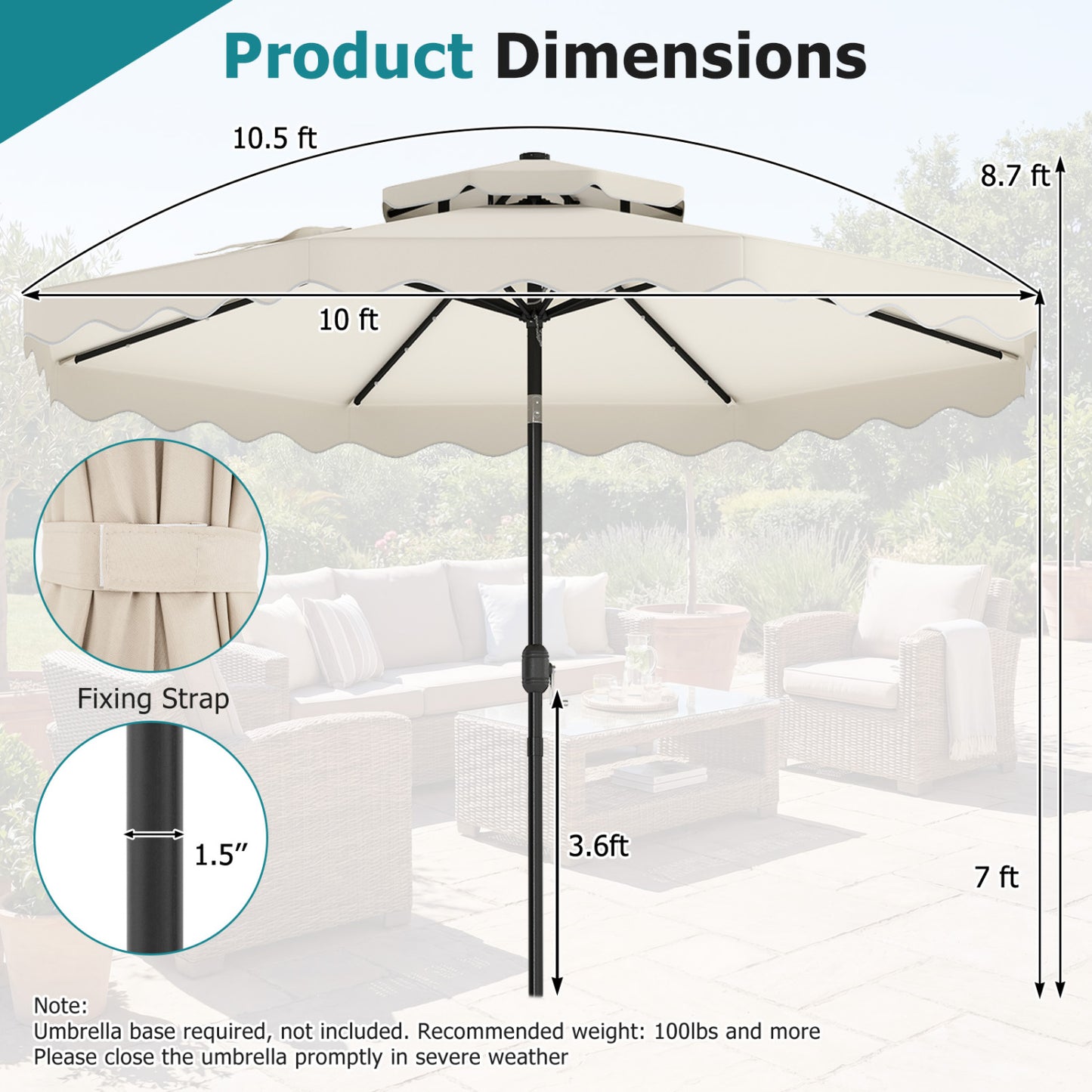 10 FT Solar LED Patio Umbrella for Deck and Pool