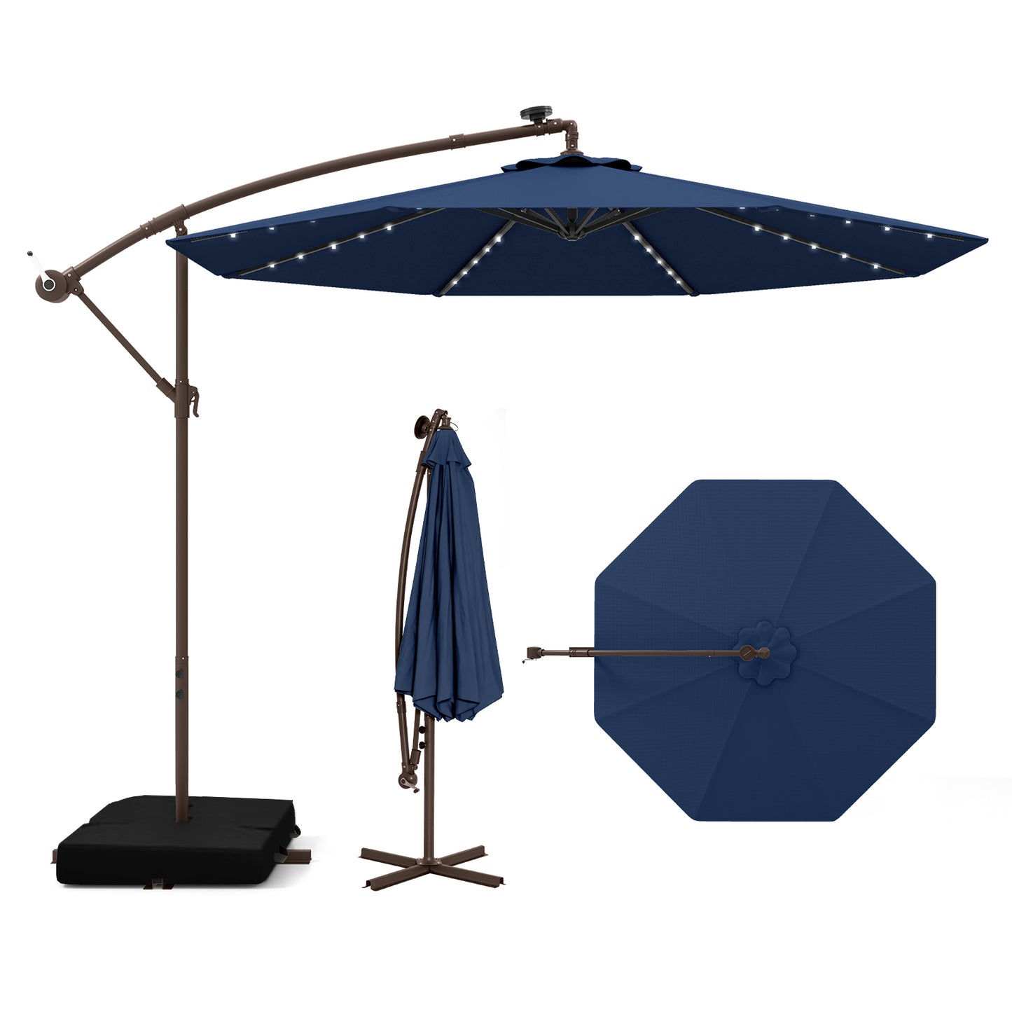 10 Feet Cantilever Umbrella with 32 LED Lights and Solar Panel Batteries-Beige - Navy