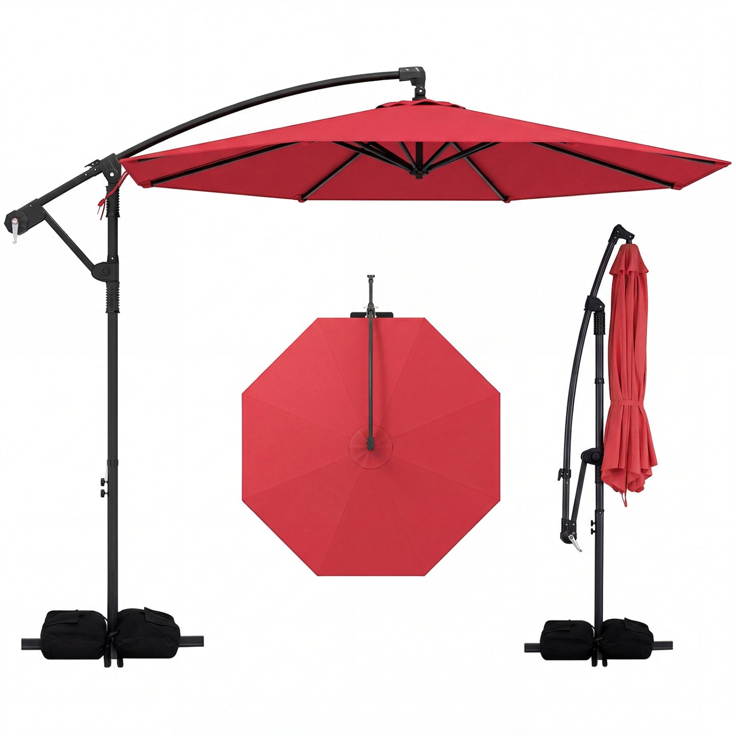 10 Feet Offset Hanging Umbrella with Base Patio Cantilever Umbrella with Tilt-Gray - Red