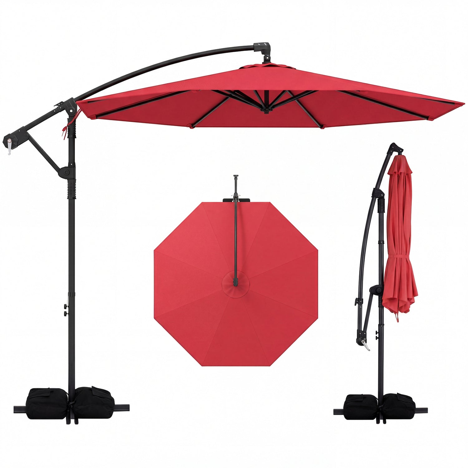 10 Feet Offset Hanging Umbrella with Base Patio Cantilever Umbrella with Tilt-Gray - Red