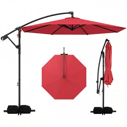 10 Feet Offset Hanging Umbrella with Base Patio Cantilever Umbrella with Tilt-Gray - Red